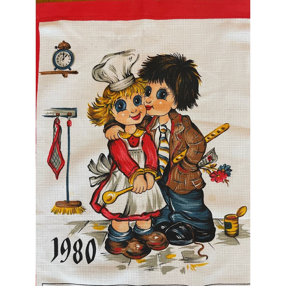 Vtg 1980 German tea towel calendar - Kitschy Kitchen Decor Newlywed Gift Couple